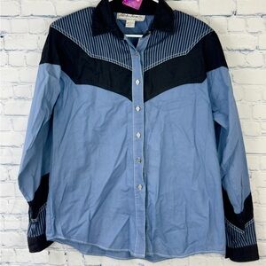 VTG Adobe Rose Women's Western Shirt Large Black And Blue Boho Striped Button